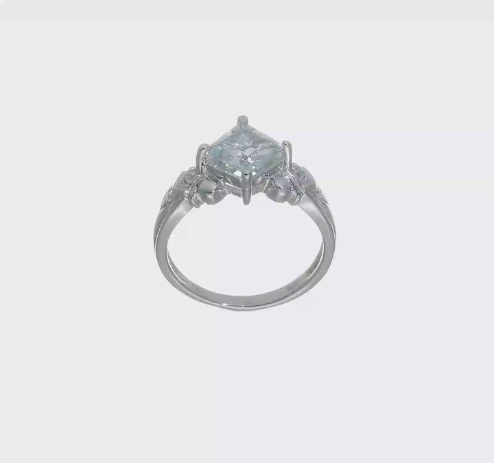 10k White Gold 6mm Princess Aquamarine and Diamond Ring, video