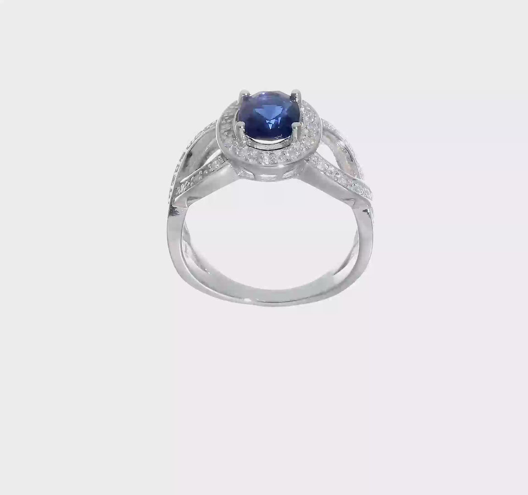 Sterling Silver Dark Blue Glass and CZ Ring, view 7 of 7