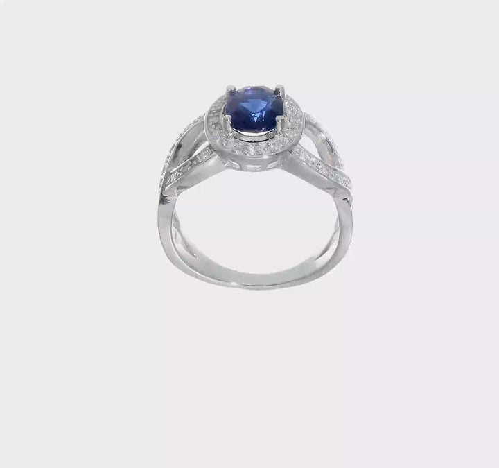 Sterling Silver Dark Blue Glass and CZ Ring, view 7 of 7