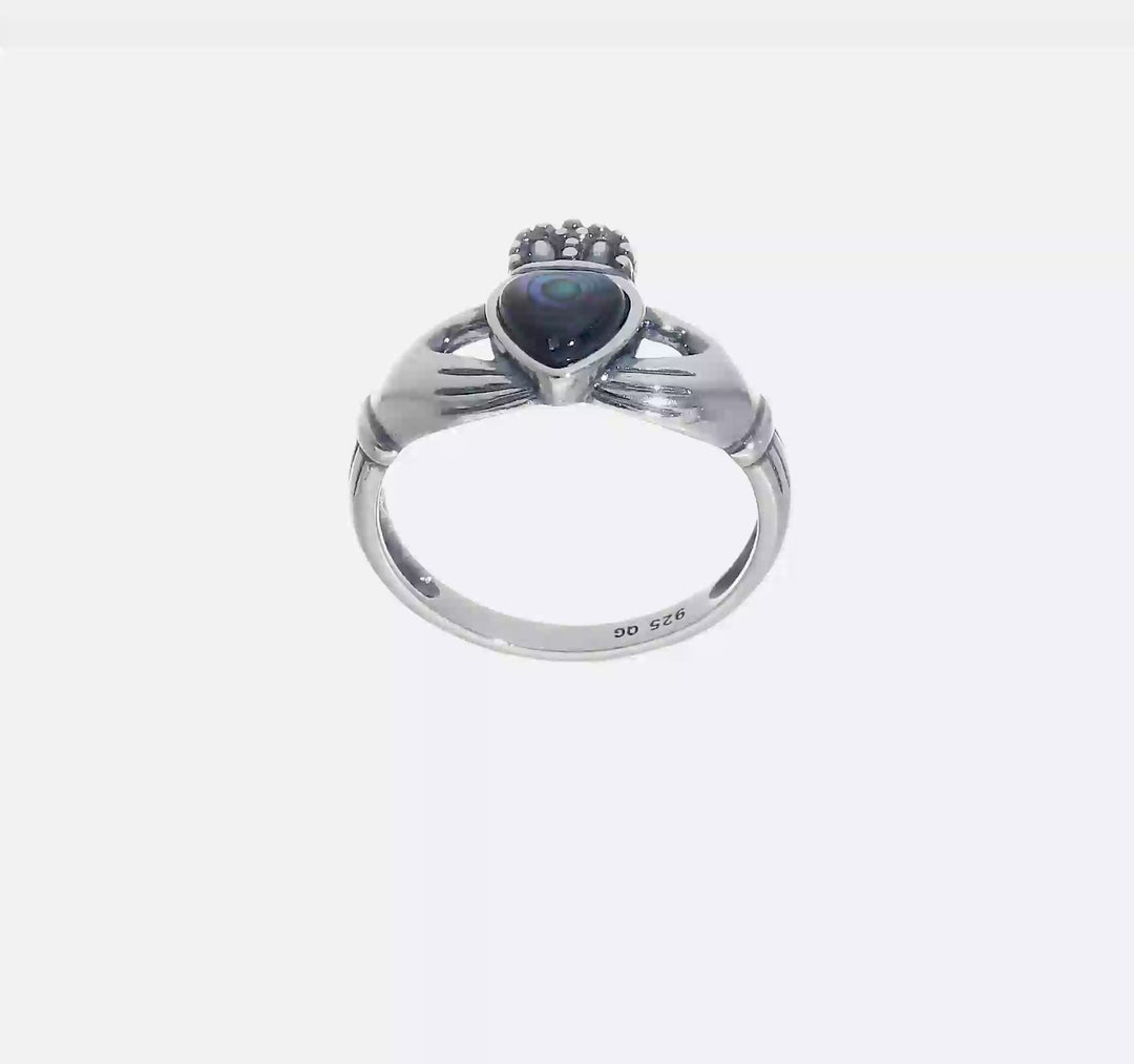 Sterling Silver Antiqued Abalone Inlay and Black Enamel Claddagh Ring, view 7 of 7