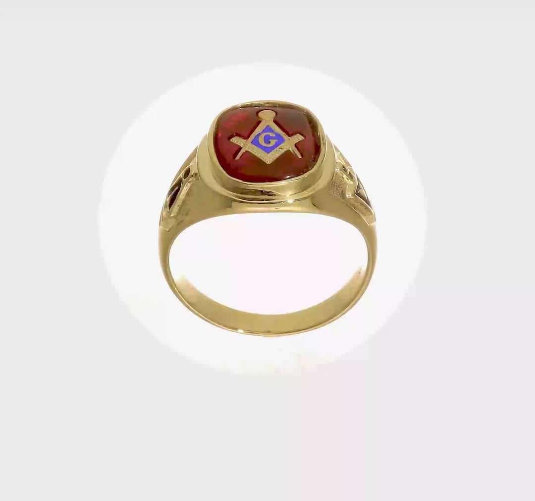 14k Yellow Gold Ruby IB Goodman with Blue Enamel Men's Blue Lodge Ring, view 8 of 8
