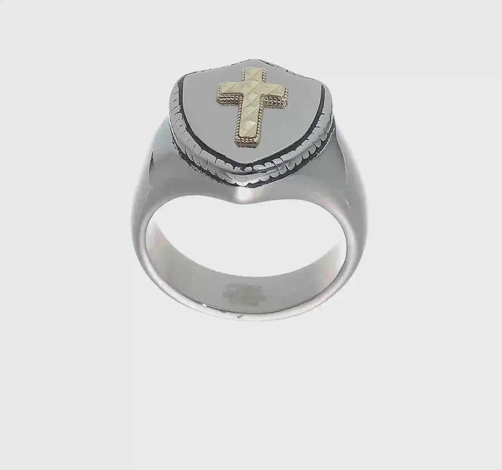 Stainless Steel Chisel with 14K Gold Accent and Cross on Shield Ring, view 8 of 8
