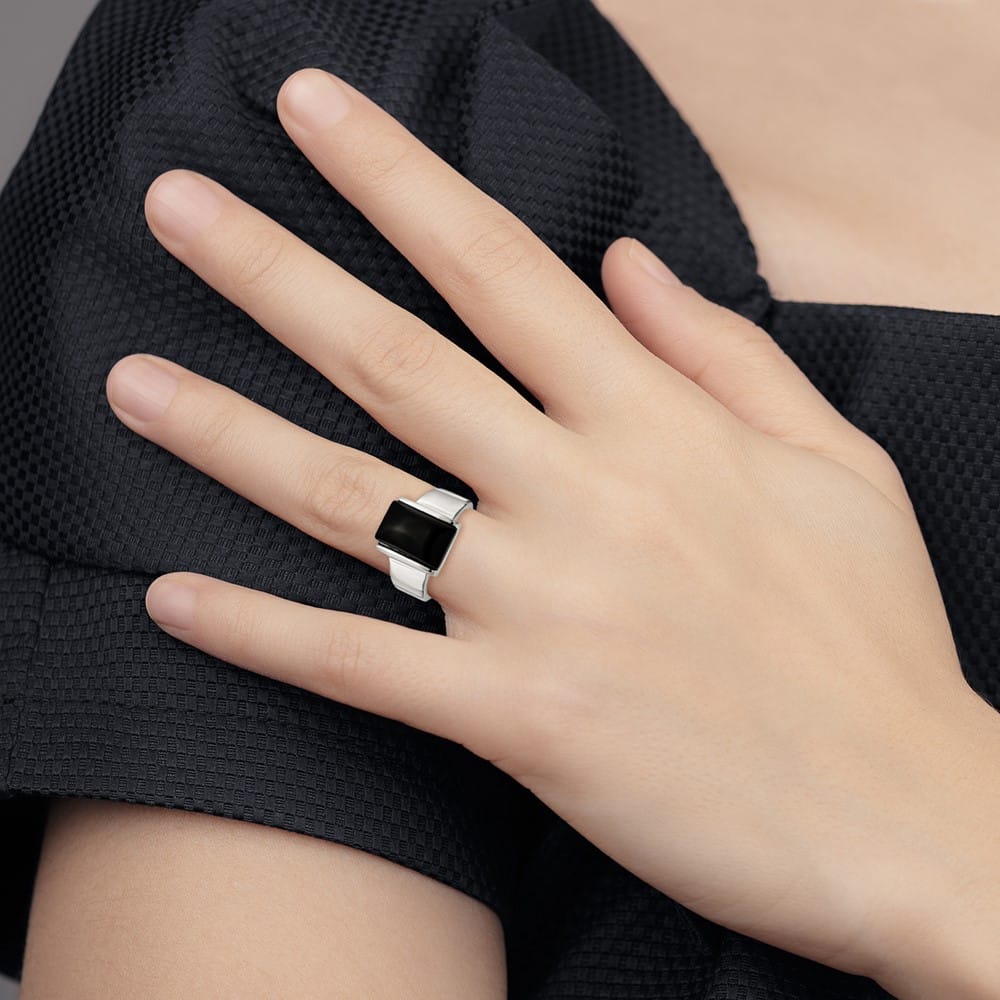 Stainless Steel 10.81 g Black Glass Ring