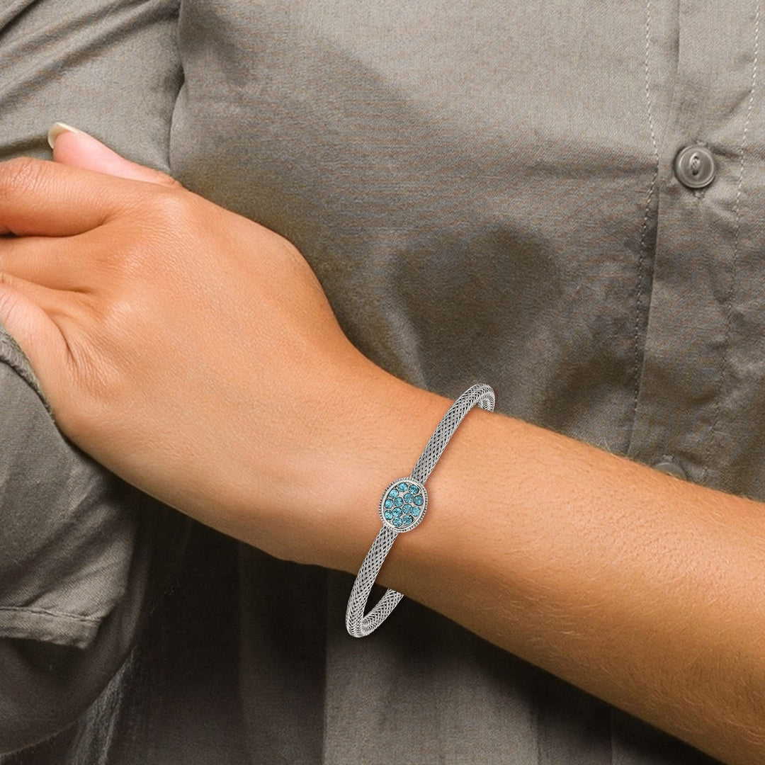 Stainless Steel 7.25in Polished and Textured Blue Crystal Bracelet