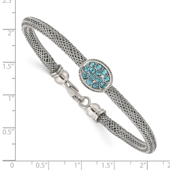 Stainless Steel 7.25in Polished and Textured Blue Crystal Bracelet