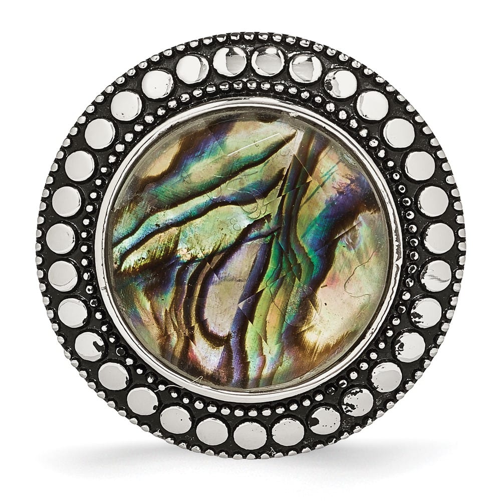 Stainless Steel Antiqued and Polished Imitation Abalone Ring