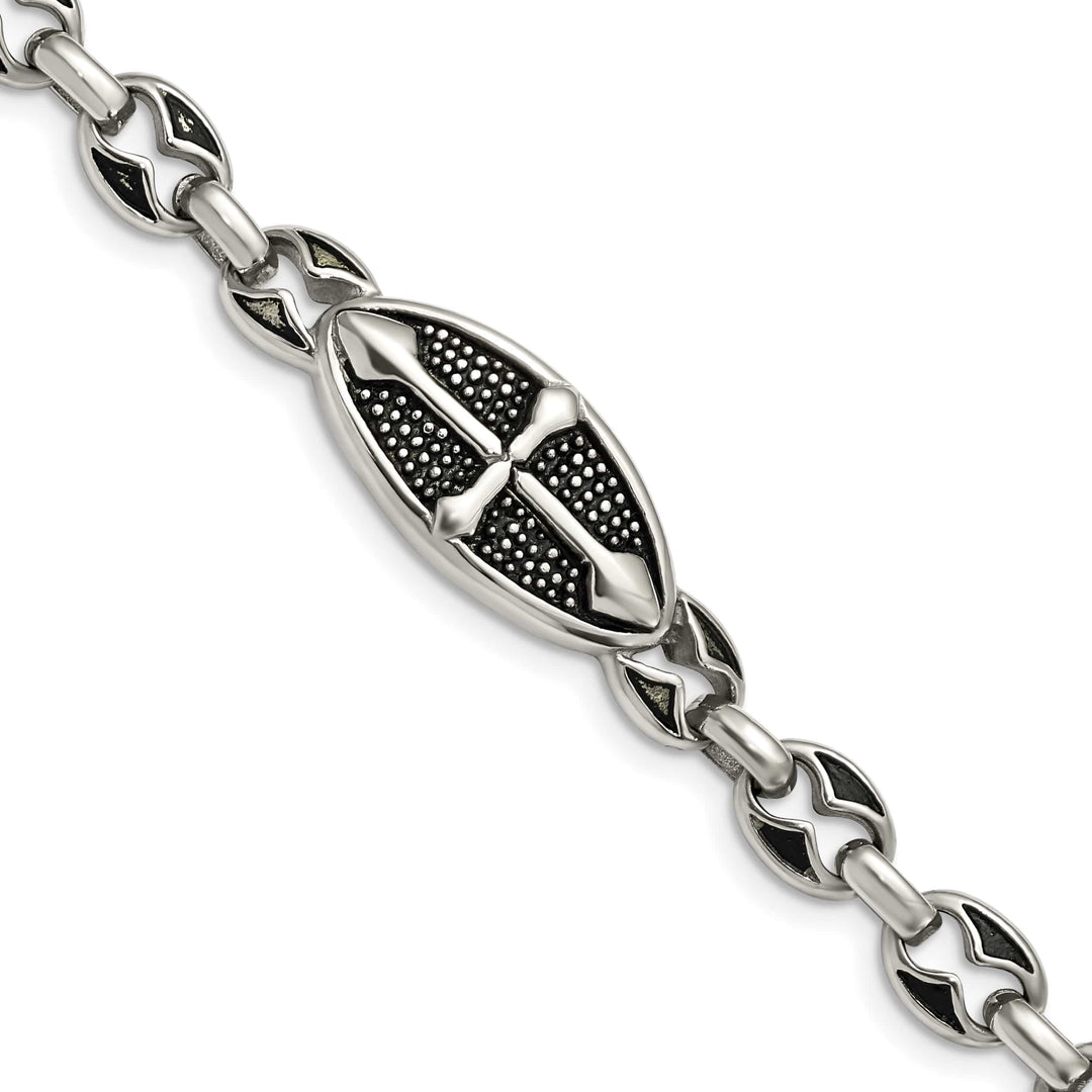 Stainless Steel Antiqued Textured and Cross 9in Toggle Bracelet