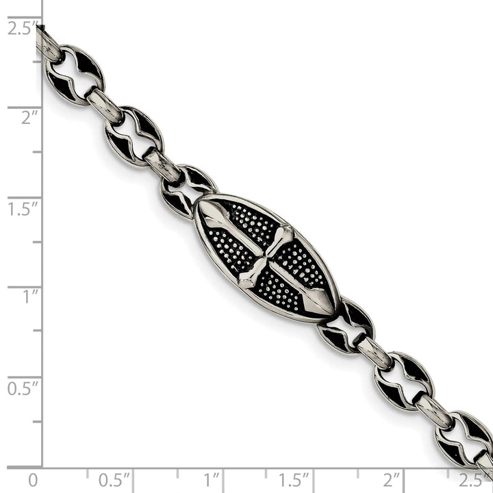 Stainless Steel Antiqued Textured and Cross 9in Toggle Bracelet