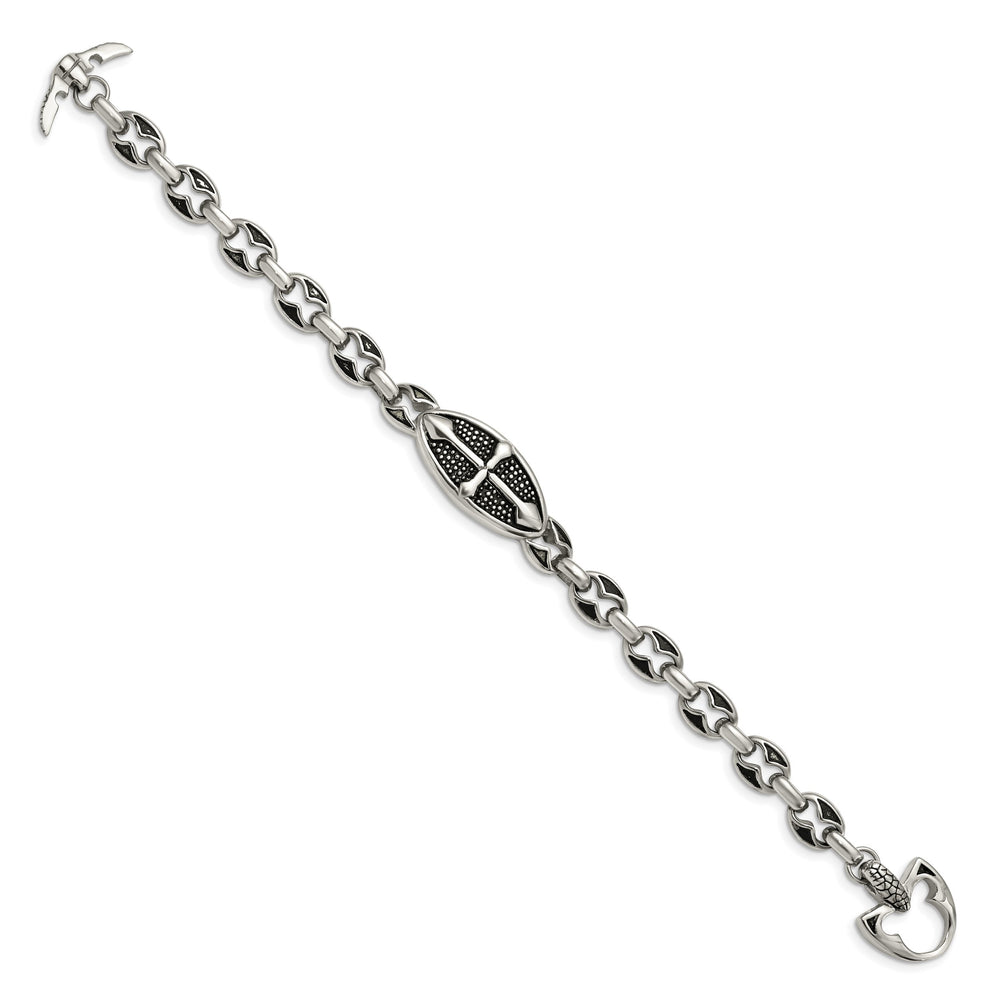 Stainless Steel Antiqued Textured and Cross 9in Toggle Bracelet