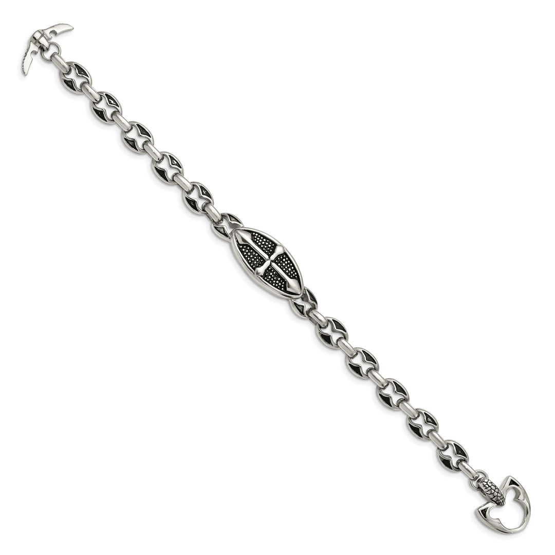 Stainless Steel Antiqued Textured and Cross 9in Toggle Bracelet