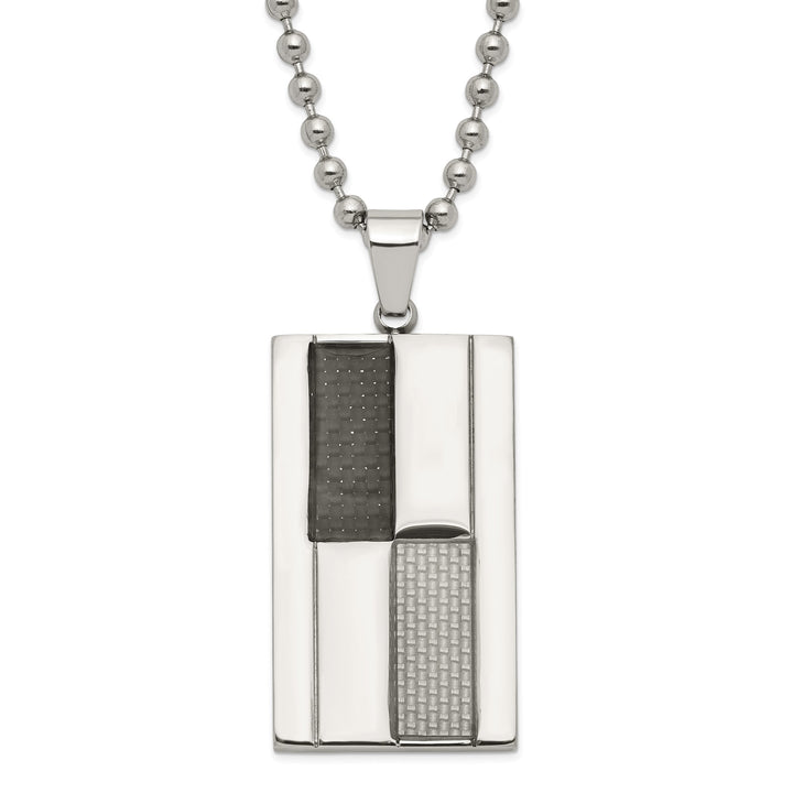Stainless Steel Black & Grey Carbon Fiber Inlay Dogtag Necklace