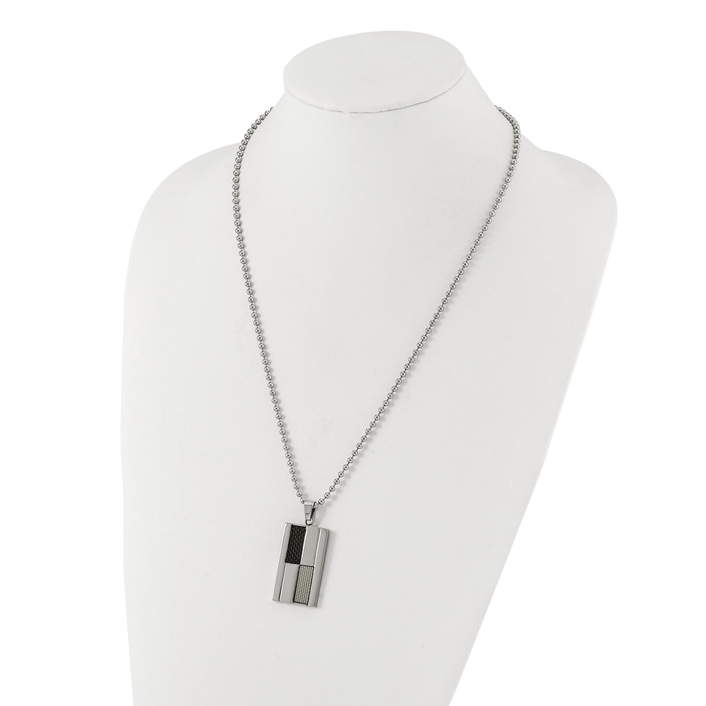 Stainless Steel Black & Grey Carbon Fiber Inlay Dogtag Necklace