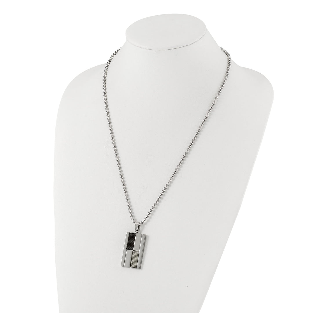 Stainless Steel Black & Grey Carbon Fiber Inlay Dogtag Necklace