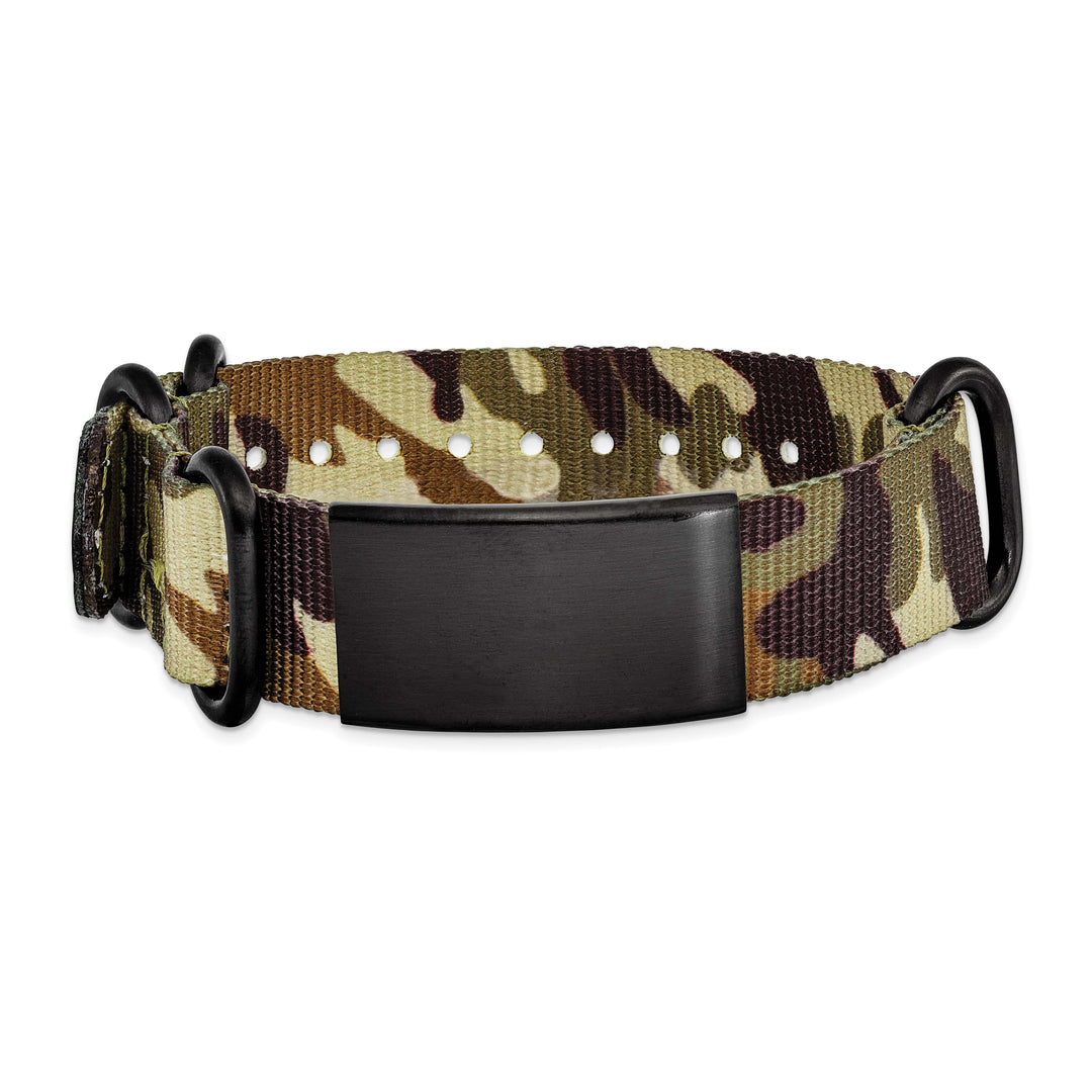 Stainless Steel Blk Ip Brown Camo Fabric Adjustable ID Bracelet