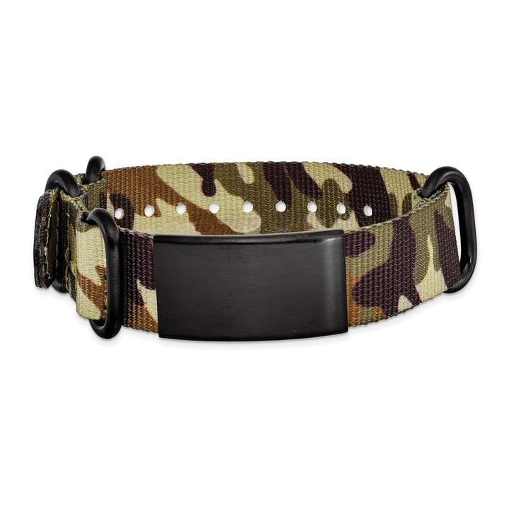 Stainless Steel Blk Ip Brown Camo Fabric Adjustable ID Bracelet