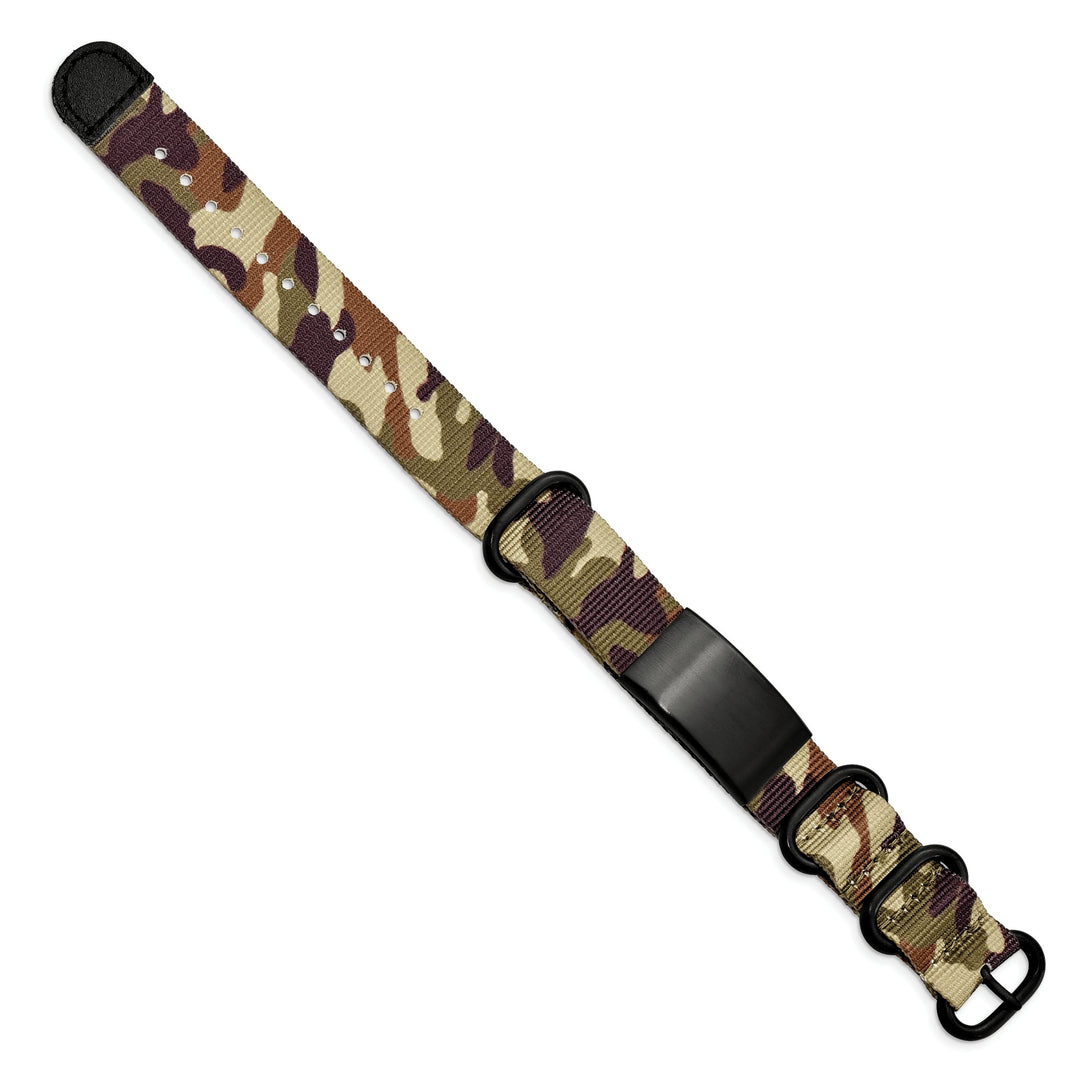 Stainless Steel Blk Ip Brown Camo Fabric Adjustable ID Bracelet