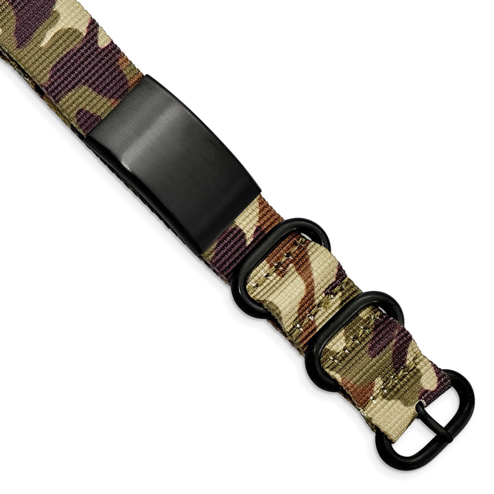 Stainless Steel Blk Ip Brown Camo Fabric Adjustable ID Bracelet