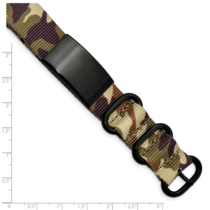 Stainless Steel Blk Ip Brown Camo Fabric Adjustable ID Bracelet