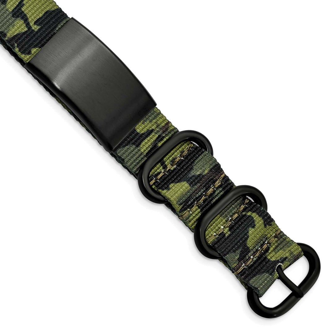 Stainless Steel Blk Ip Green Camo Fabric Adjustable ID Bracelet