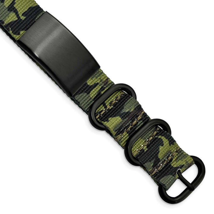Stainless Steel Blk Ip Green Camo Fabric Adjustable ID Bracelet