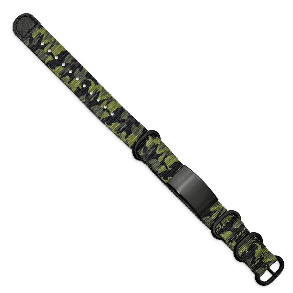 Stainless Steel Blk Ip Green Camo Fabric Adjustable ID Bracelet