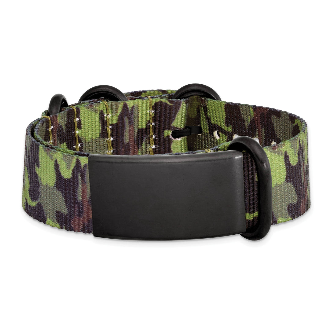Stainless Steel Blk Ip Green Camo Fabric Adjustable ID Bracelet