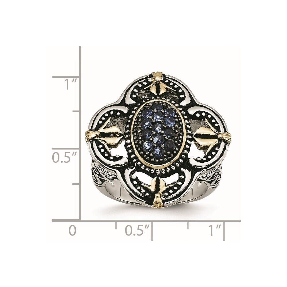 Stainless Steel Blue Glass with Yellow IP-plated Accent Antiqued Ring