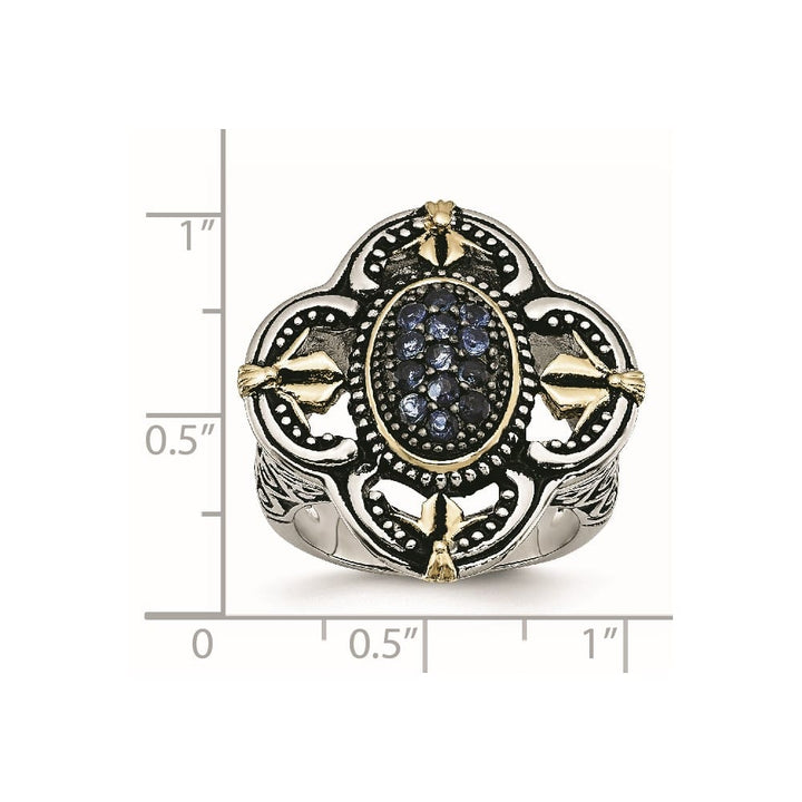 Stainless Steel Blue Glass with Yellow IP-plated Accent Antiqued Ring