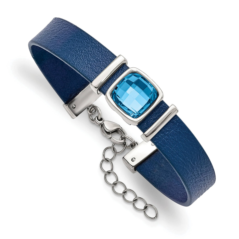 Stainless Steel Blue Leather w/Crystal w/1.25in ext. 7in Bracelet