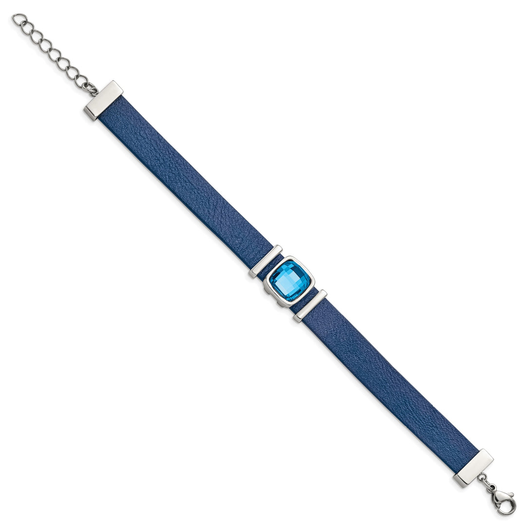 Stainless Steel Blue Leather w/Crystal w/1.25in ext. 7in Bracelet