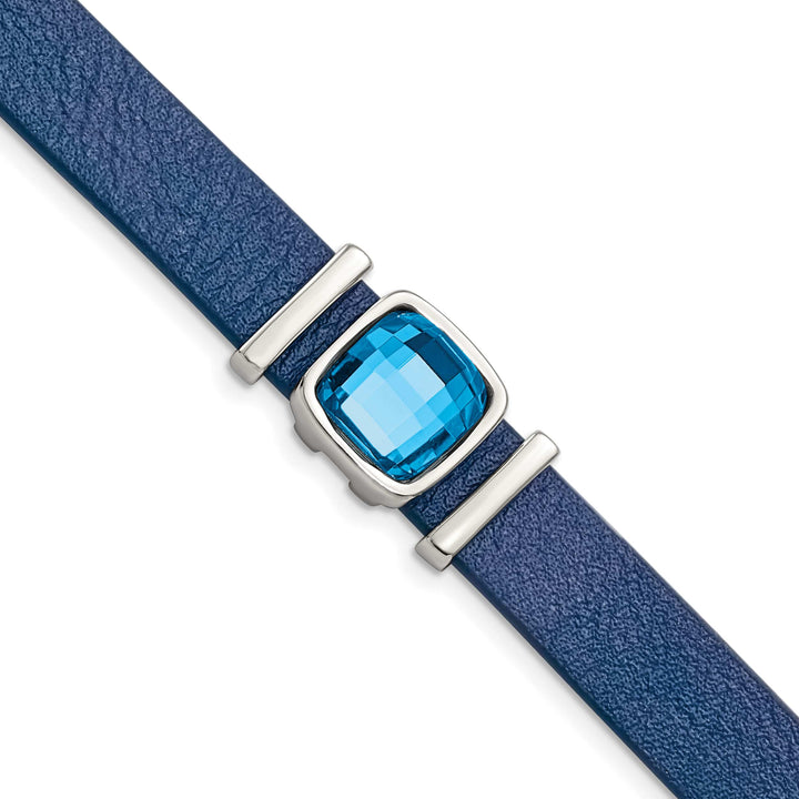 Stainless Steel Blue Leather w/Crystal w/1.25in ext. 7in Bracelet
