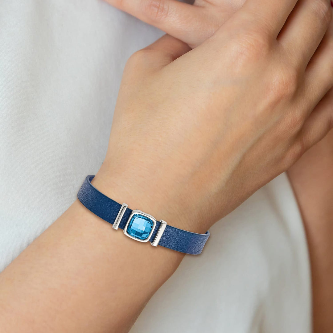 Stainless Steel Blue Leather w/Crystal w/1.25in ext. 7in Bracelet