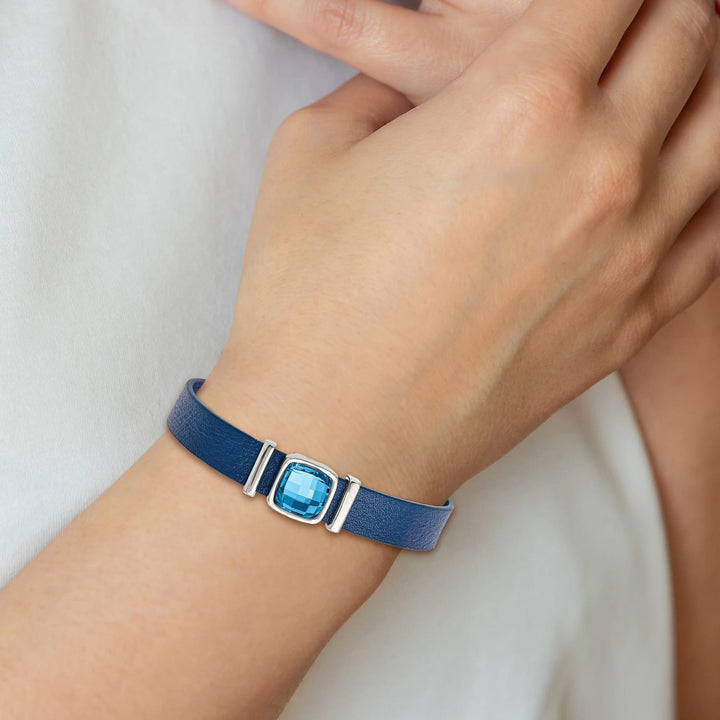 Stainless Steel Blue Leather w/Crystal w/1.25in ext. 7in Bracelet