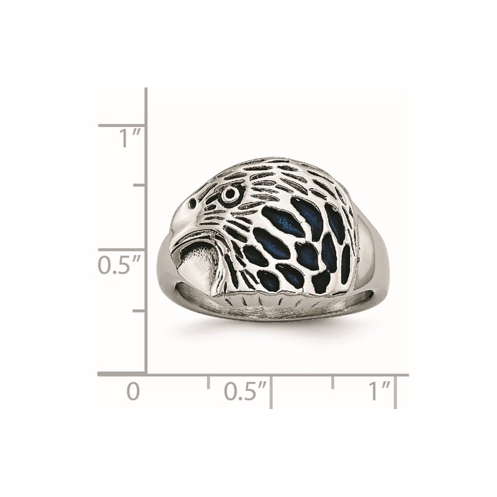 Stainless Steel Chisel Blue Enamel Eagle Men's Ring
