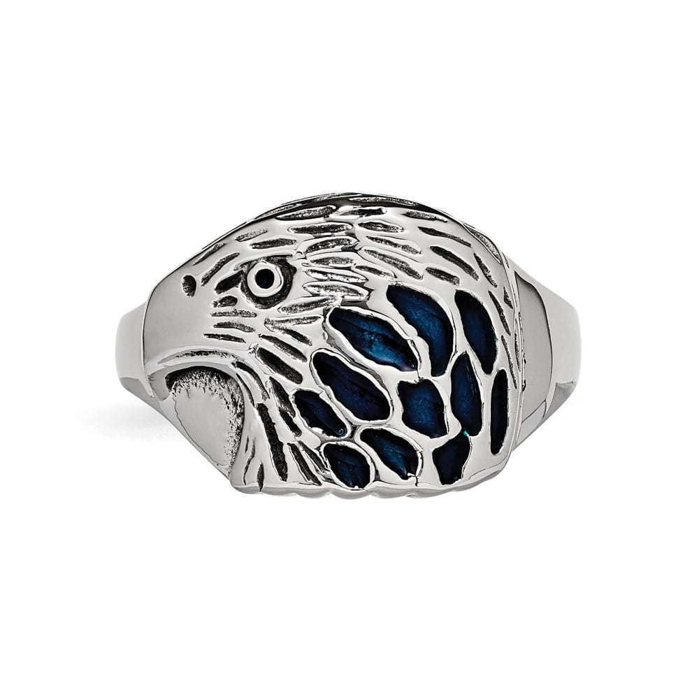 Stainless Steel Chisel Blue Enamel Eagle Men's Ring
