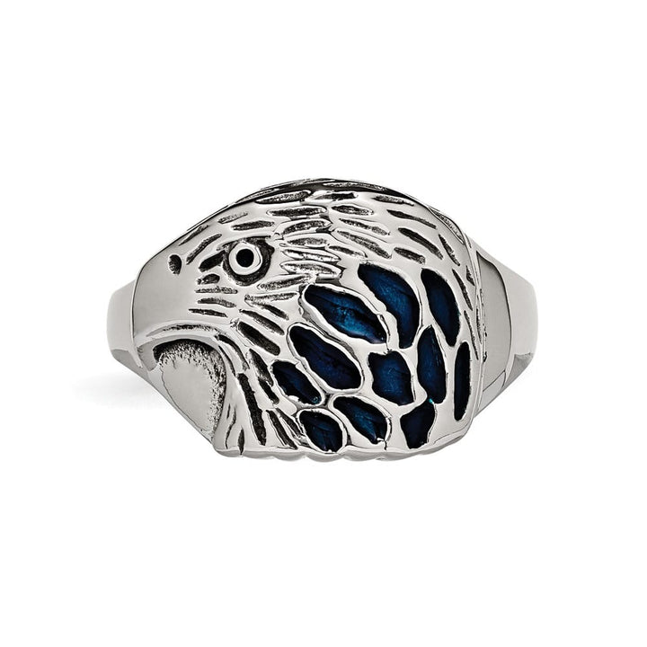 Stainless Steel Chisel Blue Enamel Eagle Men's Ring