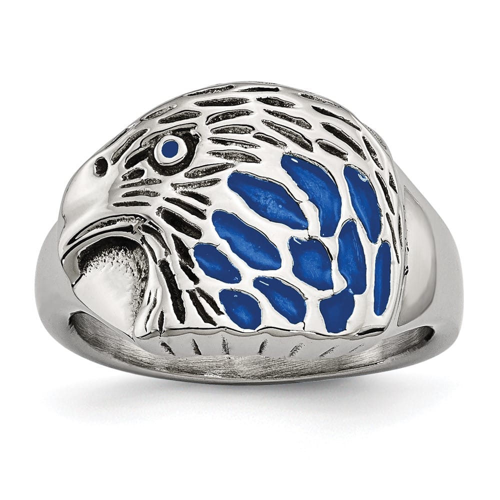 Stainless Steel Chisel Blue Enamel Eagle Men's Ring