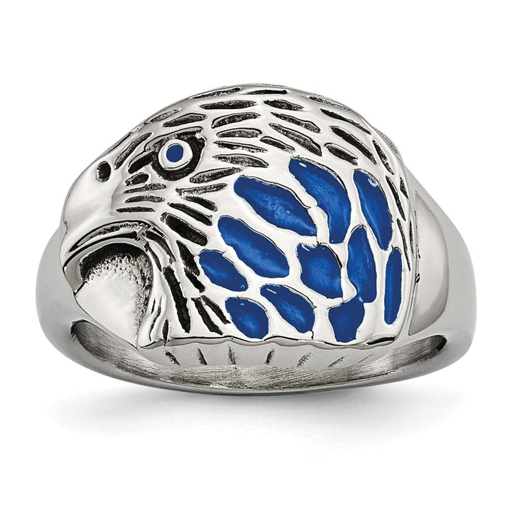 Stainless Steel Chisel Blue Enamel Eagle Men's Ring