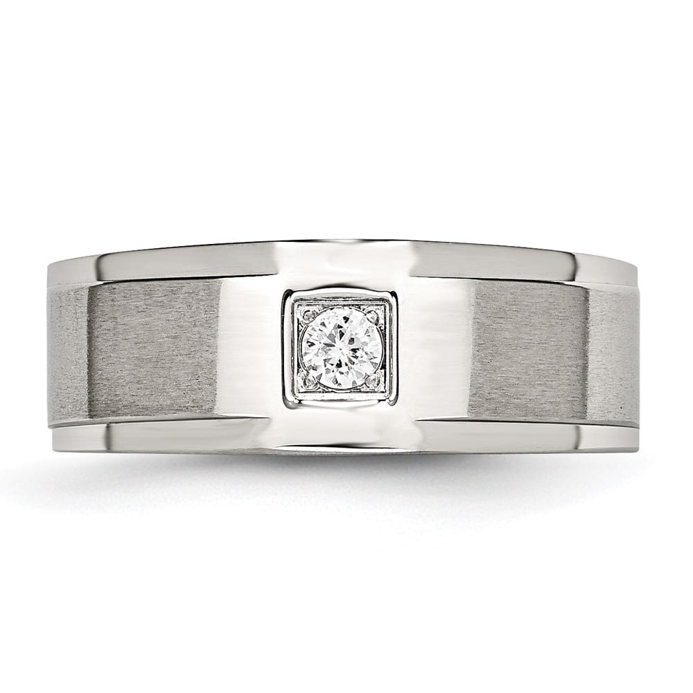 Stainless Steel Chisel Brushed and Polished with CZ Men's Ring