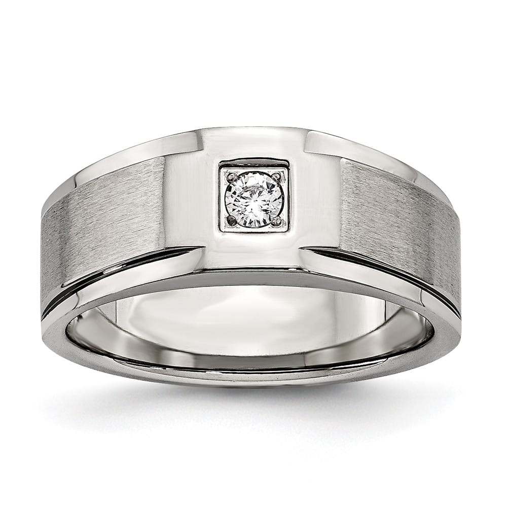 Stainless Steel Chisel Brushed and Polished with CZ Men's Ring