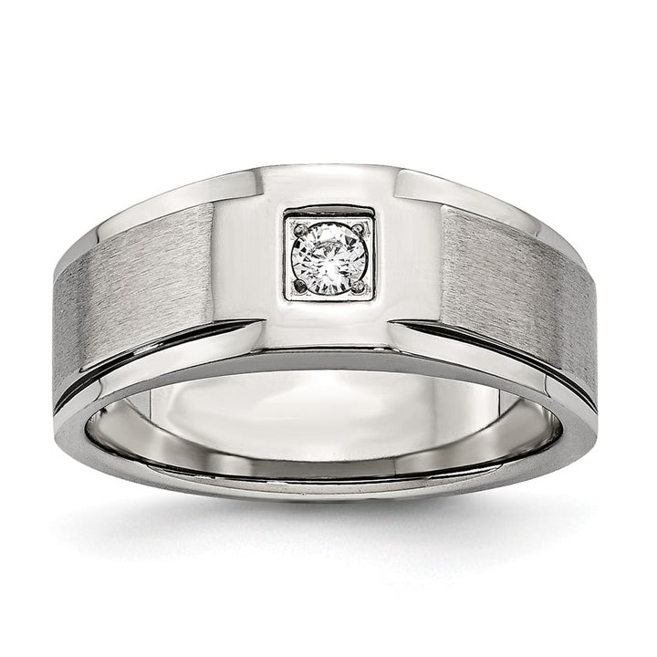 Stainless Steel Chisel Brushed and Polished with CZ Men's Ring