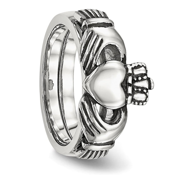 Stainless Steel Chisel Love, Loyalty, Friendship Claddagh Hinged Ring