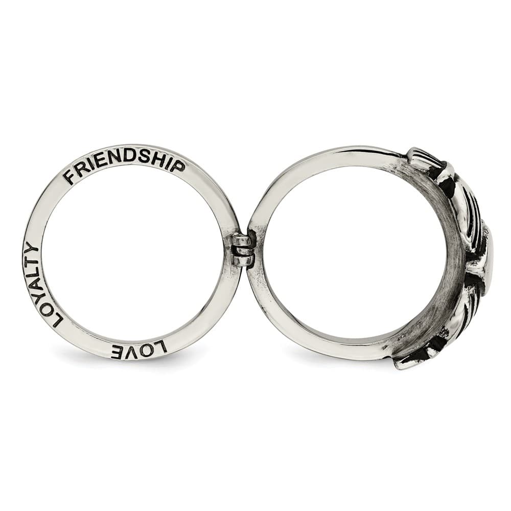 Stainless Steel Chisel Love, Loyalty, Friendship Claddagh Hinged Ring