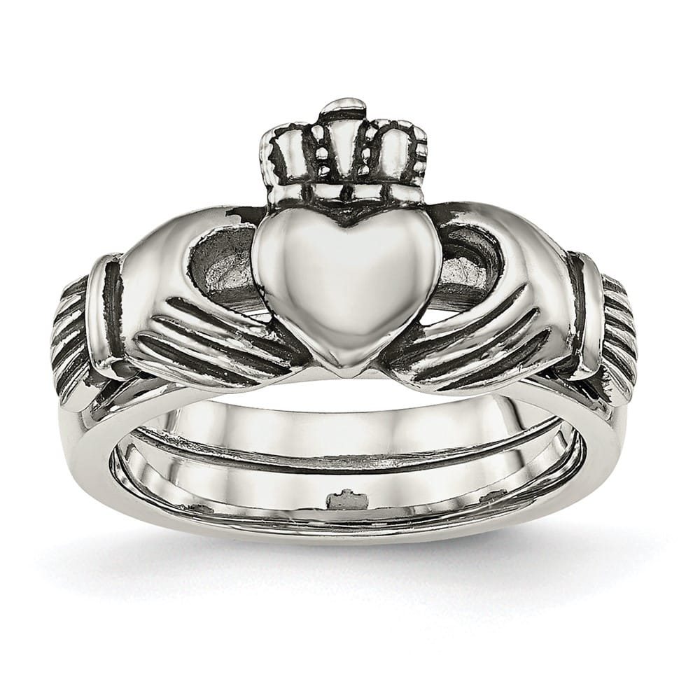Stainless Steel Chisel Love, Loyalty, Friendship Claddagh Hinged Ring