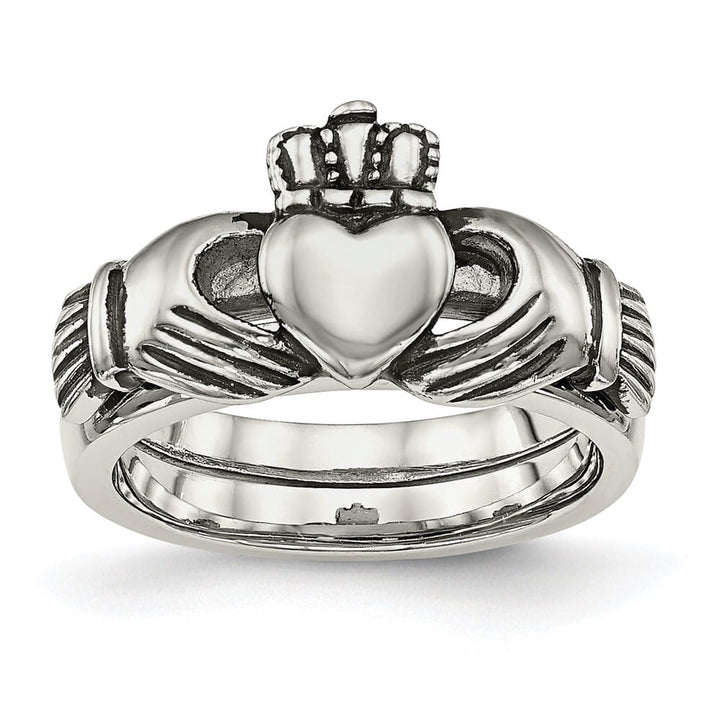 Stainless Steel Chisel Love, Loyalty, Friendship Claddagh Hinged Ring