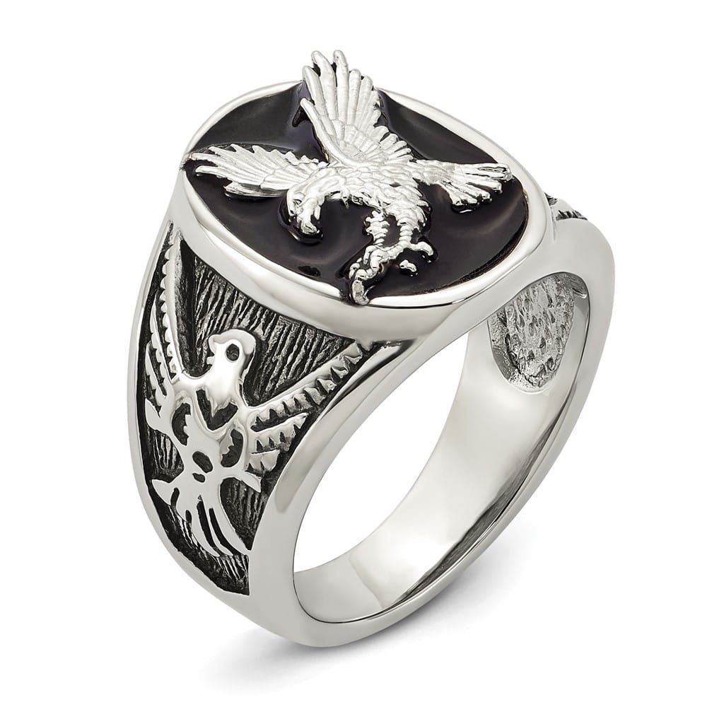 Stainless Steel Chisel Polished and Textured Enameled Eagle Men's Ring