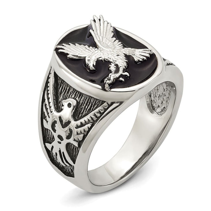 Stainless Steel Chisel Polished and Textured Enameled Eagle Men's Ring