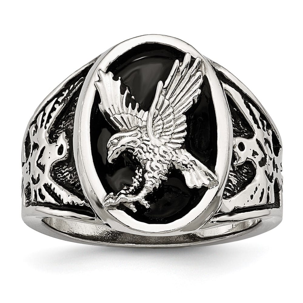 Stainless Steel Chisel Polished and Textured Enameled Eagle Men's Ring
