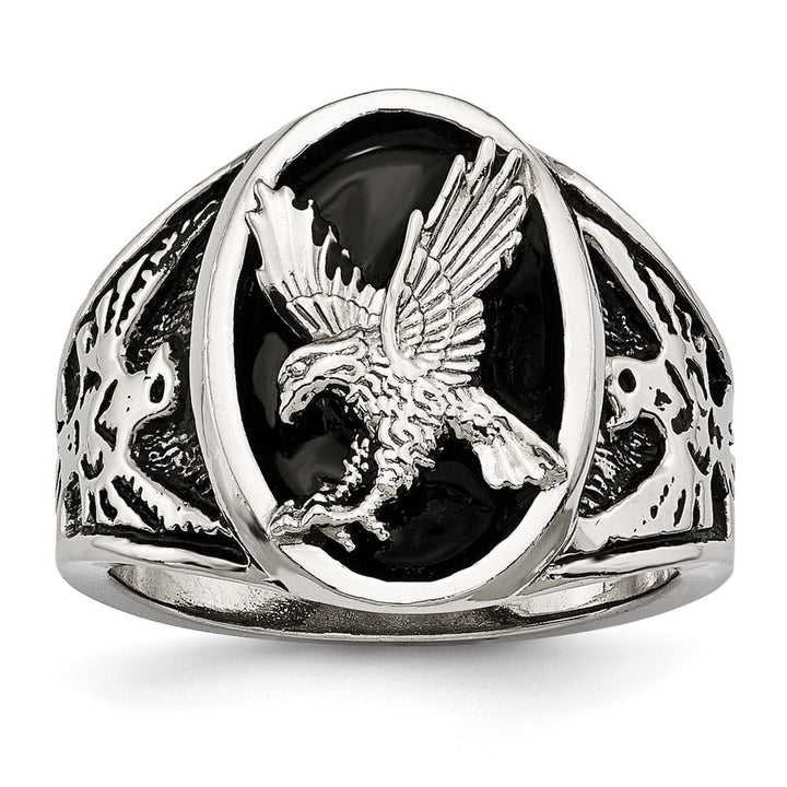 Stainless Steel Chisel Polished and Textured Enameled Eagle Men's Ring