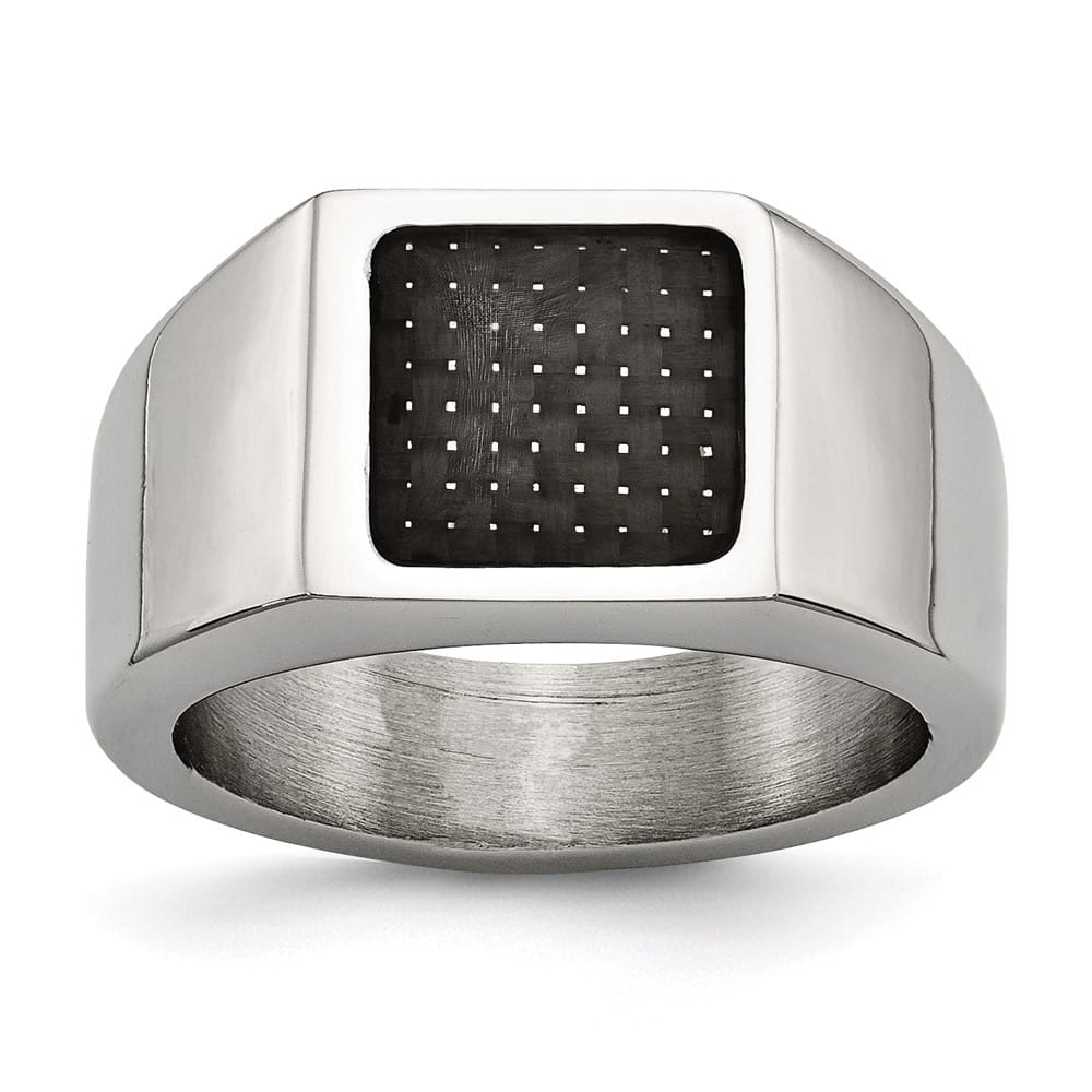 Stainless Steel Chisel Polished Carbon Fiber Inlay Signet Men's Ring